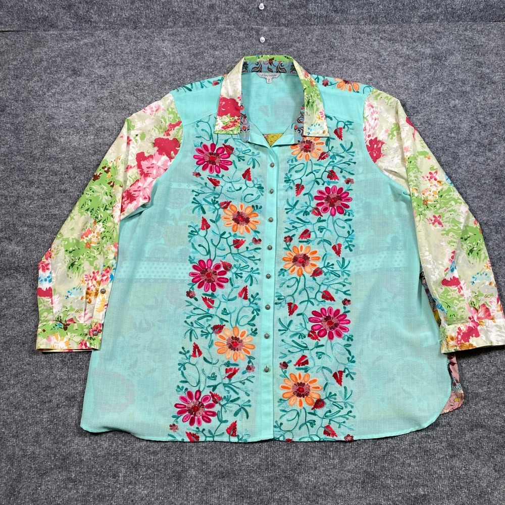 John Mark Embroidered Floral Patchwork Blouse Aqua Multi 1X Boho Whimsy